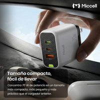 Miccell 70W Chargeur GaN USB C mural avec 2 ports USB C, 1 port USB A, adaptateur PD QC Type C pour iPhone et smartphone