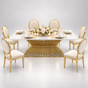 Mesa de Comedor de Acero Inoxidable de Alta Gama con Cubierta Blanca y Base de Pedestal Sunburst para Decoración de Banquetes, Bodas y Eventos - Product Image 2