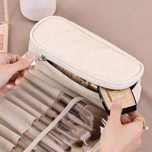 PU Fashion Water Resistant Cover <b>Travel</b> Makeup Brush <b>Folding</b> Storage <b>Bag</b> Independent Brush Slots Transparent Dividers Prevent - Product Image 2