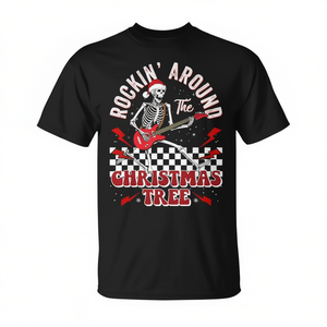 Camiseta navideña con estampado de esqueleto con guitarra para adultos, unisex, manga corta, cuello redondo, para fiestas temáticas de rock - Product Image 3