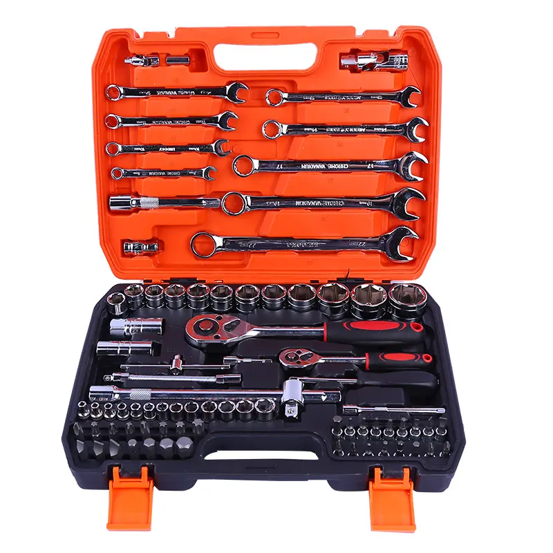 82 pièces de boîte de réparation de voiture domestique Kit d'outils à main 1/4 "& 1/2" Dr Socket And Spanner Wrench Set