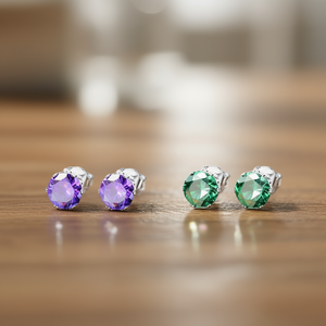 Orecchini a Perno Placcati Argento con Cristalli Rotondi e Strass, Montatura Viola Scuro e Verde, Gioielli Unisex Classici alla Moda, Idea Regalo - Product Image 2