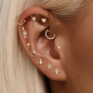 925 Sterling Silver Gold Plated Ear Stack Set, CZ Star Moon Heart Lotus Cartilage <b>Earrings</b> for Multiple <b>Piercings</b> Women - Product Image 1