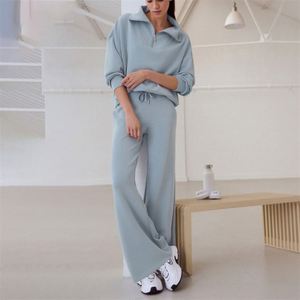 Women's Custom Solid Quarter Zip Sweatshirt Loose Fit <b>Wide</b> <b>Leg</b> <b>Joggers</b> Autumn Casual 2-Piece Knitting Outfits Long Tops - Product Image 1