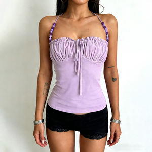 Haut court extensible sans manches pour femme, à col licou perlé, avec empiècement en maille transparente, buste froncé et lien ajustable sur le devant, idéal pour les soirées et les vacances - Product Image 5