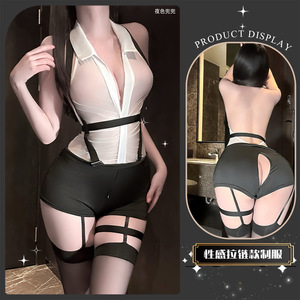 Lencería <span class=keywords><strong>Sexy</strong></span> Transparente con Cuello Camisero, Cuello Halter, Abertura en la Entrepierna con Cremallera, Tentación de <span class=keywords><strong>Azafata</strong></span> y Uniforme Sensual - Product Image 6