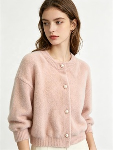 Cardigan en tricot doux rose poudré Zeyu pour femme, avec boutons perlés, manches longues lanternes, décontracté, pour le bureau ou le quotidien, en fausse fourrure - Product Image 5