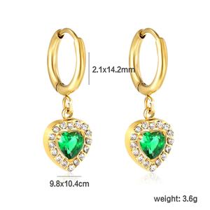 Joyería de Moda al por Mayor, Aretes Colgantes de Acero Inoxidable, Chapados en Oro de 18k, con Circonita Verde, Aretes de Corazón para Mujer - Product Image 2