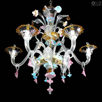 Lustre LED en verre de Murano artisanal avec motif floral turquoise rose, luminaire suspendu de luxe pour la maison ou le bureau, hauteur réglable