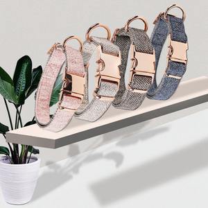 제조업체 도매 럭셔리 금속 골드 버클 트위드 애완 동물 칼라 가죽 끈 세트 조정 가능한 나일론 트릴 개 목걸이 단단한 개인화 - Product Image 6