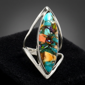 Bagues de mariage personnalisables en argent sterling 925, design minimaliste haut de gamme, turquoise naturelle multicolore, taille marquise facettée - Product Image 2