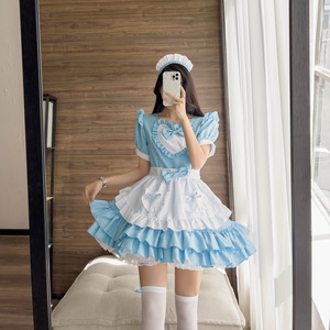Japanese Style Blue Lolita Maid Dress With Ruffled Neckline And A Line Silhouette For Women - Product Image 2