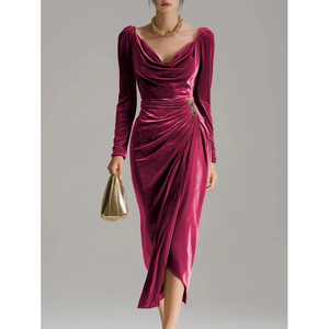 Nuovo Abito Aderente <span class=keywords><strong>in</strong></span> <span class=keywords><strong>Velluto</strong></span> da Donna, Maniche Lunghe, Sexy, Arricciato, <span class=keywords><strong>con</strong></span> <span class=keywords><strong>Spacco</strong></span> Alto, Casual, Modellante - Product Image 2