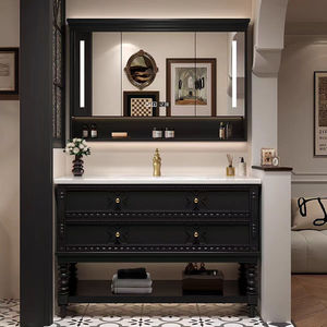 Mueble de baño retro francés con lavabo doble, lavabo de cerámica integrado - Product Image 2