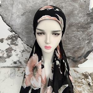 Sciarpa Tichel da donna con stampa floreale di colore nero con stampa floreale personalizzata foulard Pre-annodato traspirante di <span class=keywords><strong>grandi</strong></span> dimensioni sciarpe autunnali - Product Image 2