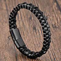 Bracelet tressé en cuir noir unisexe avec chaîne en acier inoxydable double couche