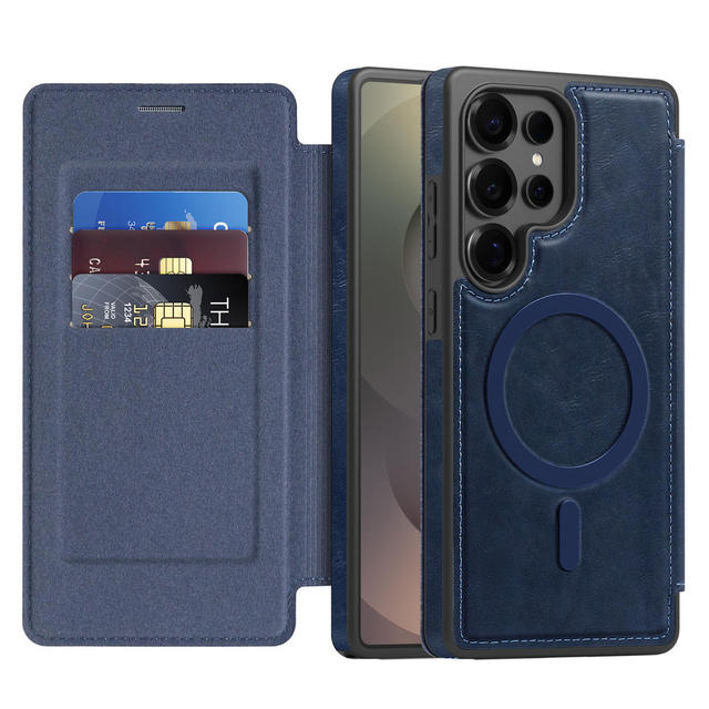 Magnetic PU Leather Phone Case Wireless Charging Kickstand Shockproof for Samsung S25 Ultra Iphone 16 Pro Max