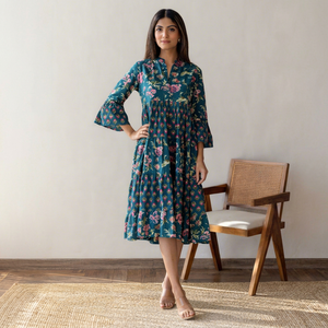 Vestido Midi Boho con Estampado Floral, Cuello en V, Mangas Farol, Corte Holgado en A, Cintura Imperio, Tejido Transpirable, Vestido Casual de Verano - Product Image 1