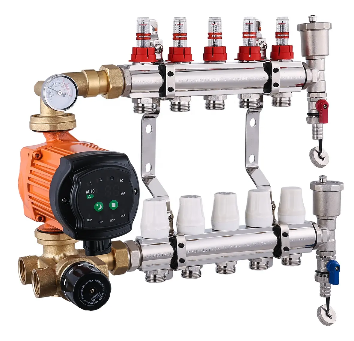 Water mixing pump valves for underfloor heating brass manifold with mixing water pump