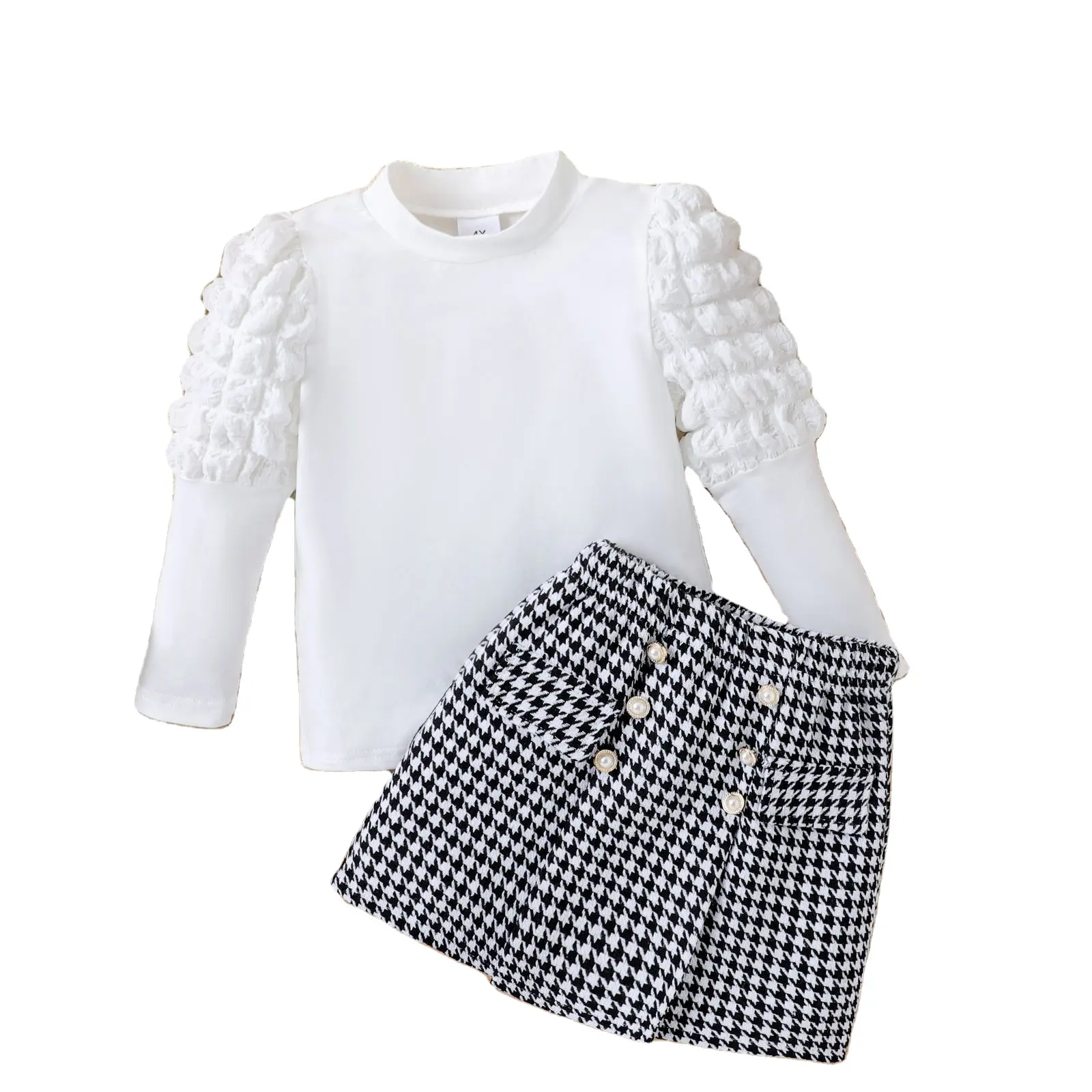 Nuevo conjunto de otoño e invierno para niñas, Top Falda corta de manga larga con burbujas y a cuadros de Mil Pájaros, conjunto de tres piezas