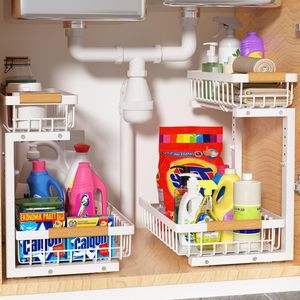 2-Tier <b>Under</b> Sink Organizer Height Adjustable Metal Pull Out Cabinet Organizer with Handle for Kitchen Bathroom - Product Image 1