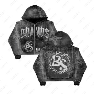 2025 Trending 100% Cotton French Terry Rhinestone <b>Hip</b> Hop Acid Wash Unisex Summer Heavyweight Hoodie Custom Printed - Product Image 3