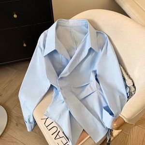 Chemises élégantes pour femmes de style britannique RNSHANGER, <span class=keywords><strong>bleu</strong></span> et blanc, printemps, irrégulières, amples, polyvalentes, haut de chemise, vêtements de travail tendance - Product Image 1