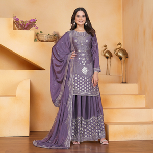 Exclusive chinon silk embroidered salwar suit set with <b>sequins</b> work <b>top</b> palazzo dupatta stitched ethnic festive wear - Product Image 1