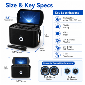 Party Karaoke Speaker 2 Wireless <b>Mics</b> Touch Screen LED Light Show Portable Bluetooth Sound System for Outdoor Camping Travel Use - Product Image 6