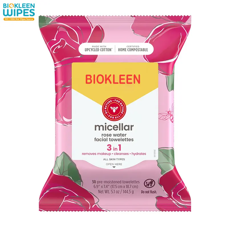 Biokleen OEM 여성 젖은 얼굴 Towelette 메이크업 조직 유기 얼굴 도매 무료 샘플 오일 여성 메이크업 리무버 물티슈