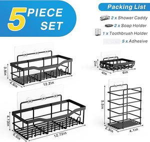 Adhesive Shower Caddy 5 Pack Rustproof Stainless Steel <b>Bath</b> Organizers With Large Capacity, No Drilling Shelves - Product Image 2