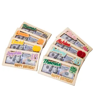 Aangepaste Naam Verjaardag Decoratie Geld Houder Geschenk Houten Envelop Doos Cartoon Cash Cards Gelukkige Verjaardag Ornamenten Ambachten