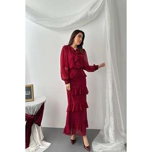 Ensemble short 2 pièces en mousseline de soie bordeaux à volants pour femme, tailles 2XL, 3XL, 4XL, vente en gros - Product Image 4