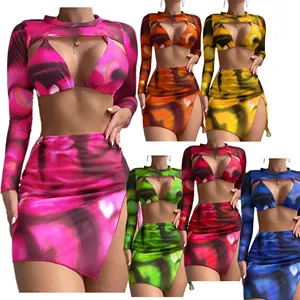 OJW031993 Couverture en maille dégradée colorée 4 pièces pour femmes 2024 Lady Sexy Mature Bikini Beachwear Fashion Show Swimsuit