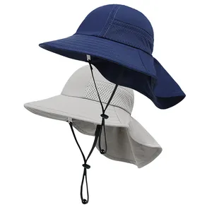 Custom Logo Wide Brim Adjustable Fishing Quick Dry Sun Hat Outdoor Sport Bucket Hats Toddler Boy With Neck Cover