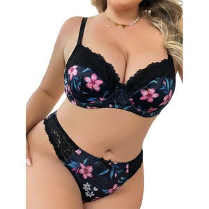 Country-style black and pink floral print plus size lingerie with push-up, high <b>elasticity</b>, breathable fabric, and <b>lace</b> trim. - Product Image 5
