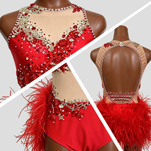 Traje de Danza Jazz Lírico Rojo con Pedrería y Plumas, sin Mangas, para Danza Latina, para Mujeres Adultas, para Competencia y Actuaciones en Escenario - Product Image 2