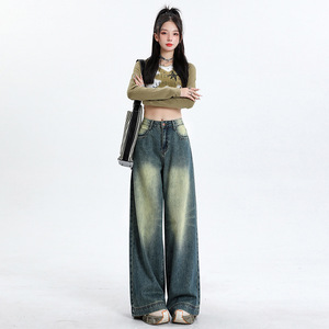 Pantalones vaqueros cargo de cintura alta para mujer al por mayor pantalones vaqueros de pierna ancha con bolsillo y solapa pantalones vaqueros rectos acampanados drapeados ropa de calle informal - Product Image 2