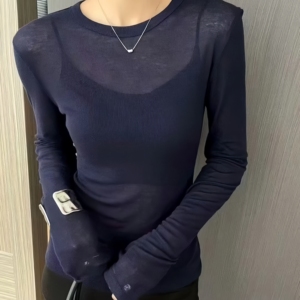 Maglietta a <span class=keywords><strong>Maniche</strong></span> <span class=keywords><strong>Lunghe</strong></span> da Donna 2026 con Collo Rotondo, Alta Elasticità, Tessuto Trasparente, Cucitura Posteriore, Vestibilità Aderente, Singolo Strato - Product Image 1