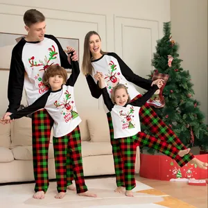 4件/套家庭圣诞睡衣BuPao新款客户折扣圣诞卡通字母树印花家庭套装睡衣