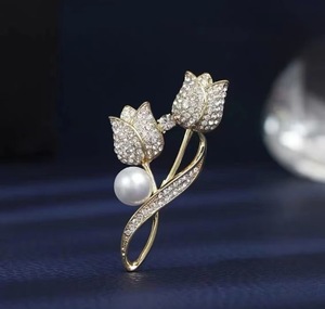 Trâm cài áo nữ mạ vàng hợp kim zircon hoa tulip cao cấp Hàn Quốc, chất lượng cao, dùng cho đám cưới, đính hôn, trang sức cài áo - Product Image 5