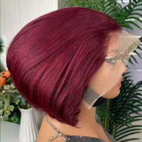 Perruque Courte 99J Couleur 13*4 Transparente Lisse Cheveux Humains, Lace Frontale Coupe Pixie 200% Densité