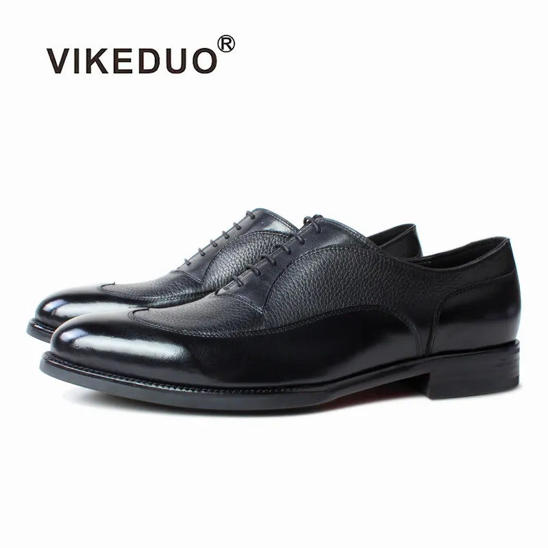 Vikeduo Hand Made Shoe Style Guide Black Kangaroo Leather & Deer Skin Genuine Luxury Hand Stitched Mens Shoes