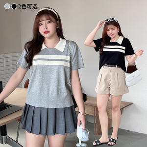 Runqi N8698 Haut en tricot rayé à col polo pour femme, manches courtes, grande taille, gris, en coton, pour femmes courbes - Product Image 1