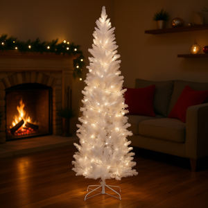 Árbol de Navidad Blanco Flocado de 7.5 pies con Luces LED Integradas, Decoración Interior Elegante, Árbol Luminoso con Base, Luz Cálida - Product Image 2
