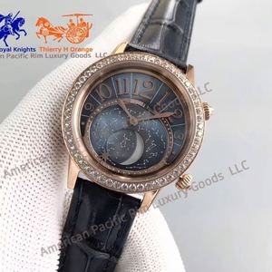 Montre mécanique pour femme en or rose avec phases de lune, lunette sertie de diamants, bracelet en cuir noir, montre-bracelet de luxe - Product Image 3