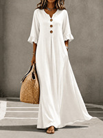 Robe longue unie à col en V pour femmes européennes et américaines, élégante et tendance, avec poches, coupe ample et jupe évasée