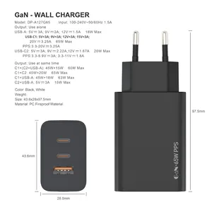 Chargeur rapide 65W PD à trois ports (2C1A) en <span class=keywords><strong>nitrure</strong></span> <span class=keywords><strong>de</strong></span> <span class=keywords><strong>gallium</strong></span>, double tension, pour téléphones portables et ordinateurs portables - Product Image 2