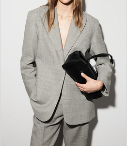 Women's Medium Size <b>Light</b> Grey Houndstooth Pattern Lapel Collar Open Front Casual Blazer Jacket - Product Image 4