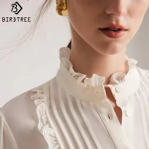 Birdtree 100%Real Silk Blouse Women Crepe Solid White Shirt Ruffles Single Breasted Elegant Casual Tops New Spring T36776QCY